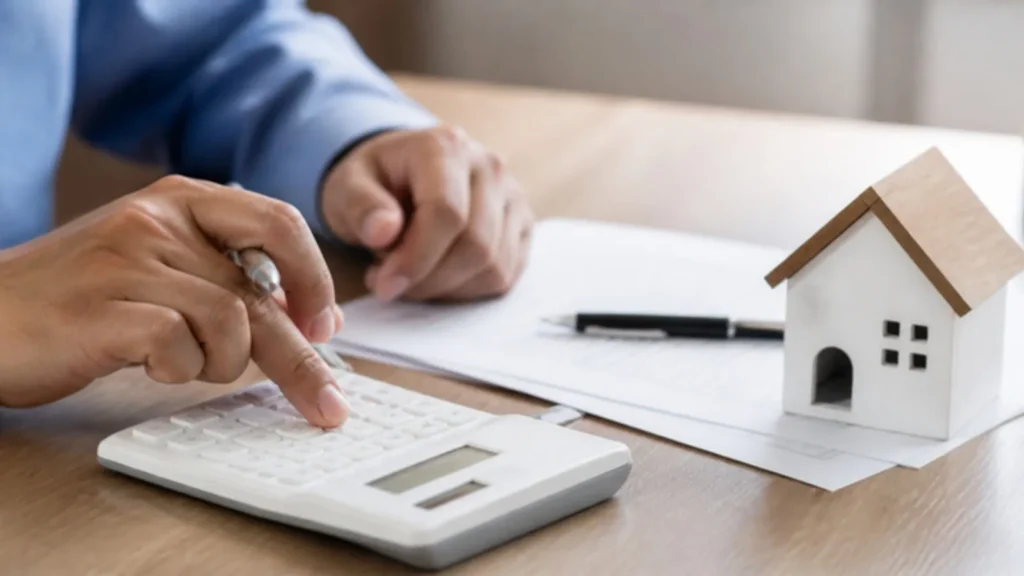 Calculating a monthly mortgage payment with a calculator, loan documents and a small house model