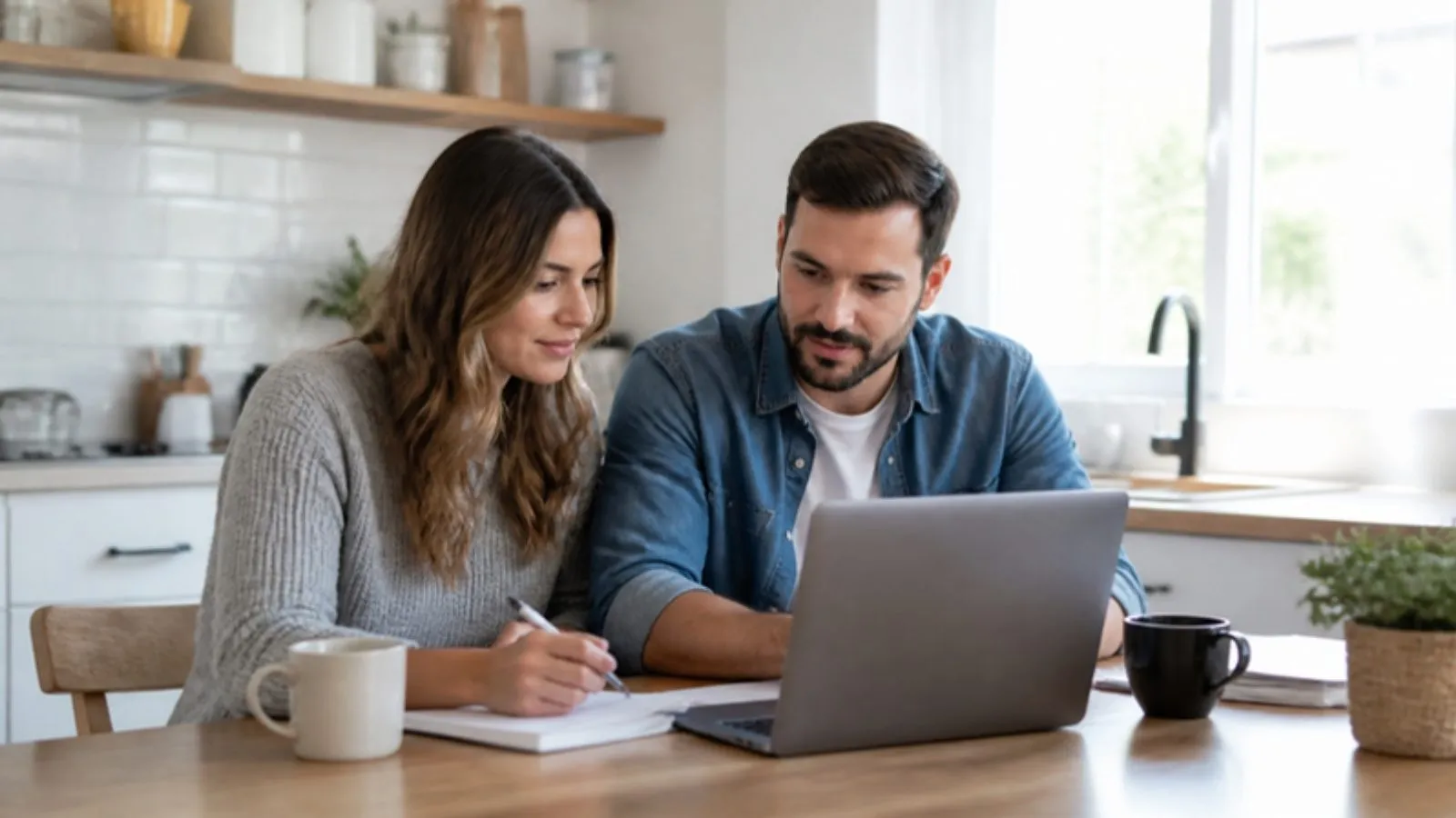 Couple reviewing their home buying budget on a laptop at the kitchen table