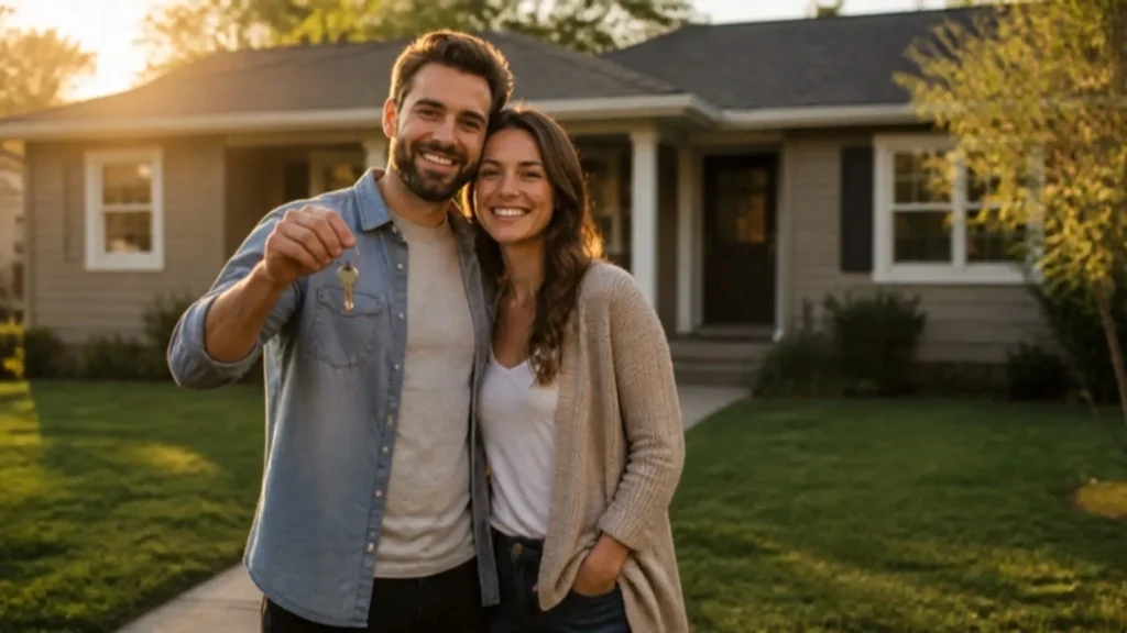 First-time home buyers holding the keys to their new house