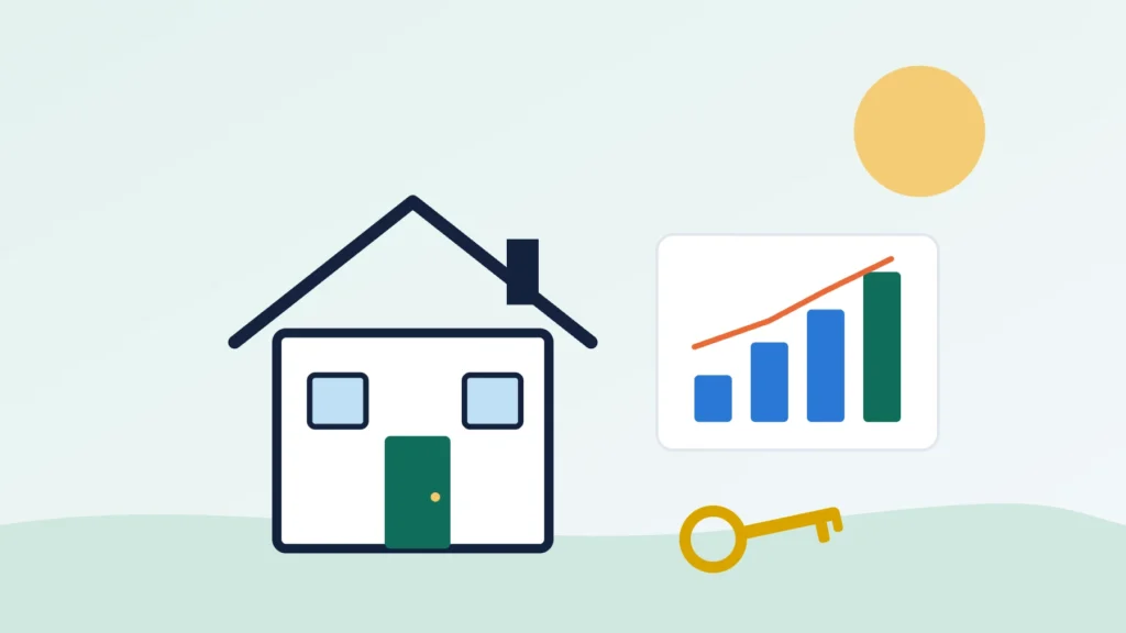 Illustration of a house, a set of keys and a rising bar chart representing smarter home buying decisions
