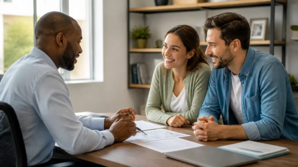 Loan officer explaining FHA and conventional loan options to a young couple