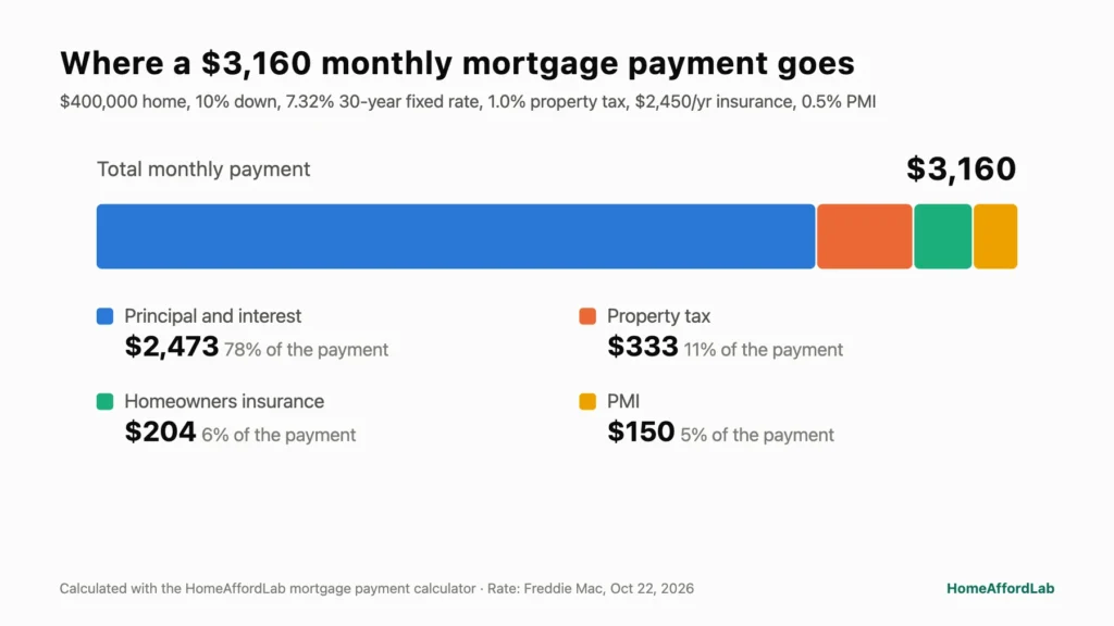 Breakdown of a $3,160 monthly mortgage payment: $2,473 principal and interest, $333 property tax, $204 homeowners insurance and $150 PMI